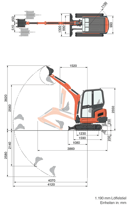 Arbeitsbereich Kubota KX 016-4