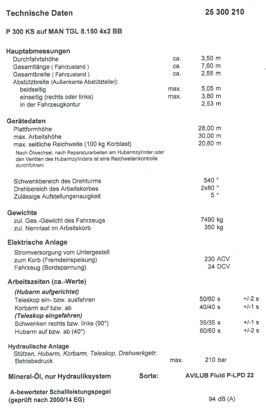 LKW-Arbeitsbühne P 300 KS technische Daten